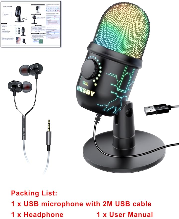 USB Microphone for PC, Mac, PS4, PS5, RGB Computer Microphone with Monitor, Mute and Noise Reduction, Great for Recording, Streaming, Gaming, Podcasting