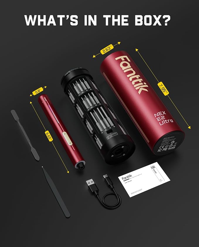 Fanttik E2 Ultra Mini Electric Screwdriver, Cordless Screwdriver, Max 0.6N.m, 50 Magnetic Bits, 5/32'' Hex, Magnetic Storage, Repair Tool for Electronics, Camera, Laptop, and PC Build (Red)