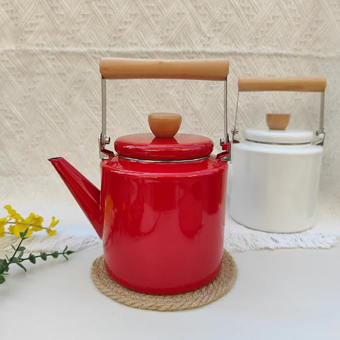 Cabilock Enamel Tea Kettle with Wooden Handle 2.4L Stovetop Water Kettle for Boiling Hot Water Coffee and Tea Suitable for Gas and Induction Cookers