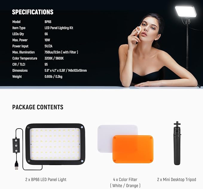 NEEWER BASICS 2 Pack LED Video Panel Light, Video Conference Lighting Kit with Desktop Tripod Stands/Filters for Webcam Desk Computer Laptop Zoom Call Makeup Recording Selfie Streaming, Dimmable, BP66