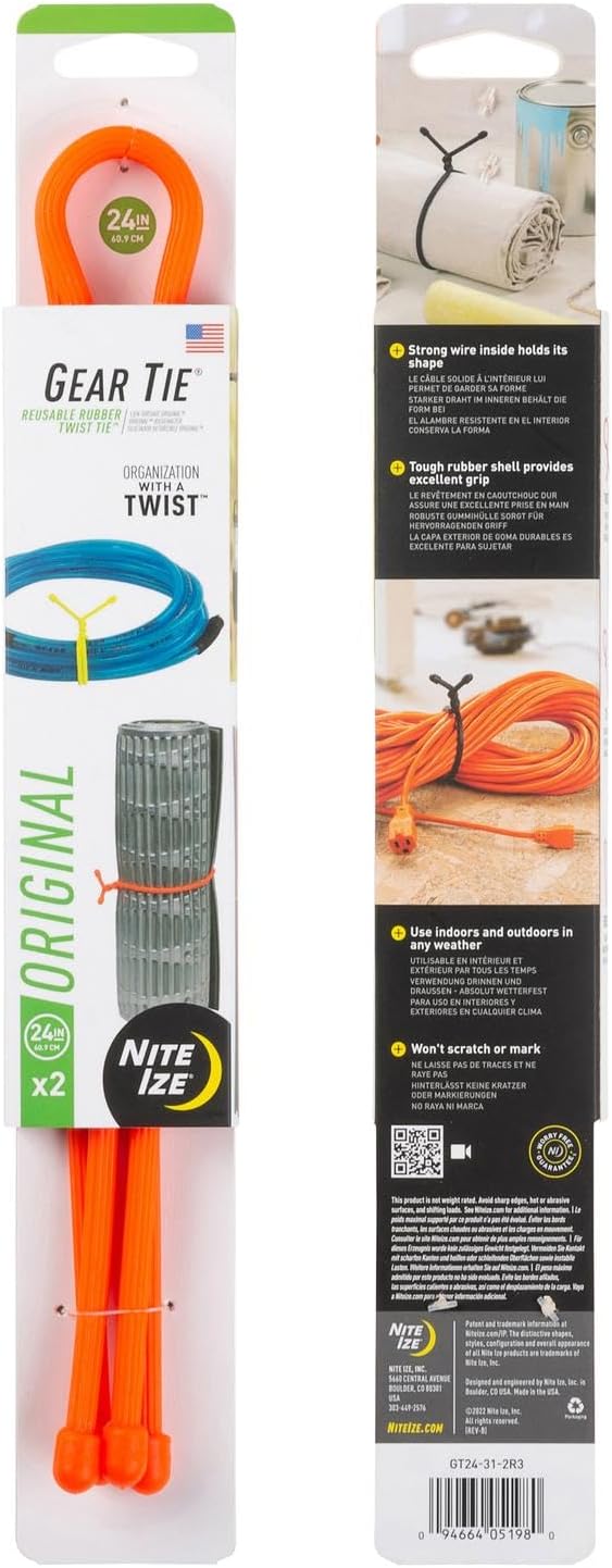 Nite Ize Gear Tie Original Reusable Rubber Twist Tie - Strong Bendable Wire for Indoor & Outdoor Use - Durable Rubber Exterior - Waterproof, UV-Resistant & Flexible Organizer - 24 inch (3 Pack)