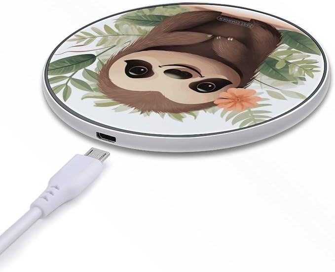 Cute Cartoon Sloth Wireless Charger Aluminum Alloy Frame 10W Fast Charging Pad with Indicator Light 6mm Thin & Portable Wireless Charging Pad for Travel Home Office Desk