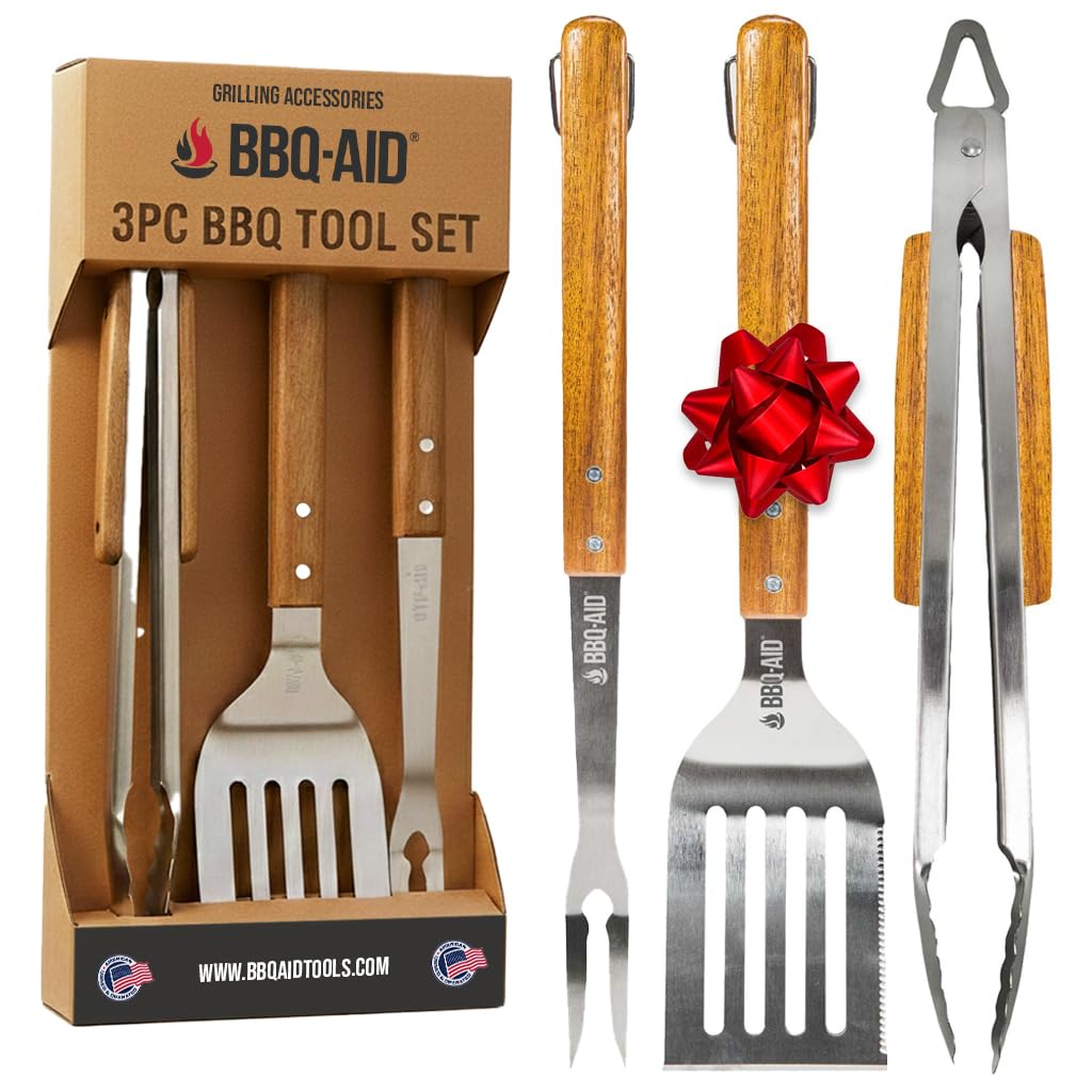 3 piece BBQ Grilling Accessories Set - BBQ Tongs Spatula Fork Set - Heavy Duty Stainless Steel Barbecue Grill Tools with Solid Hard Wood Handles Great Gift Set