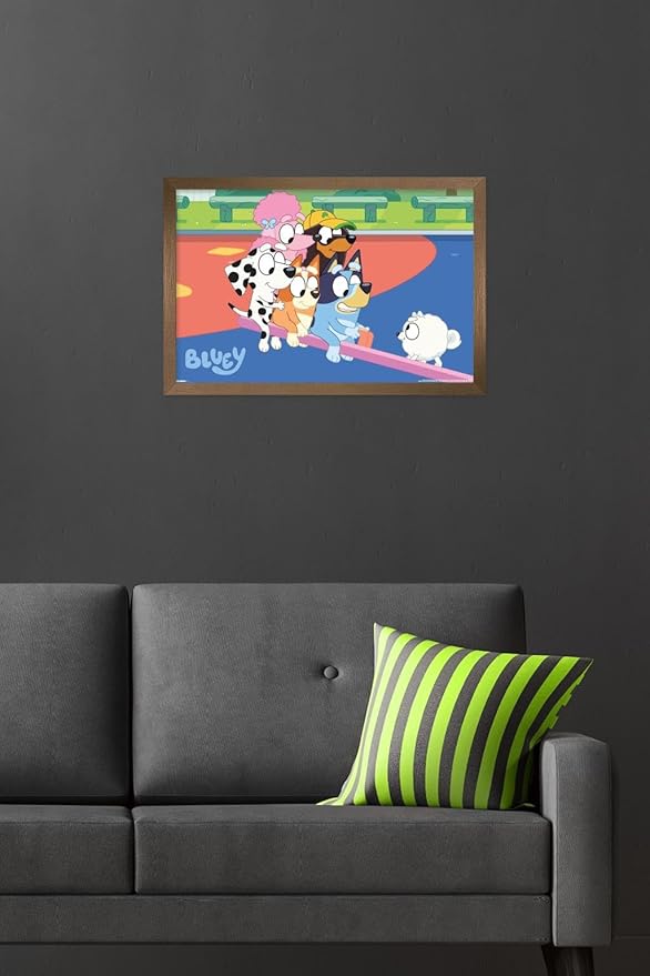 Bluey (2018) - Bluey and Friends See Saw Fun Wall Poster, 22.4L" x 14.7W", Bronze Framed Version