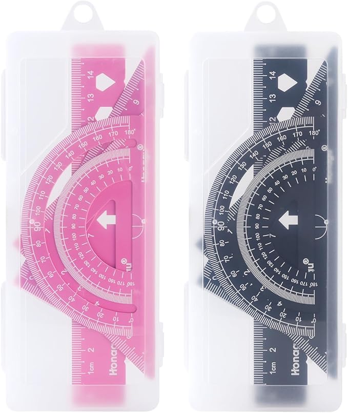Honagu Aluminum Alloy Triangular Ruler Set, 2 Sets/8 Pieces, 15cm/5.9inches, Pink & Black