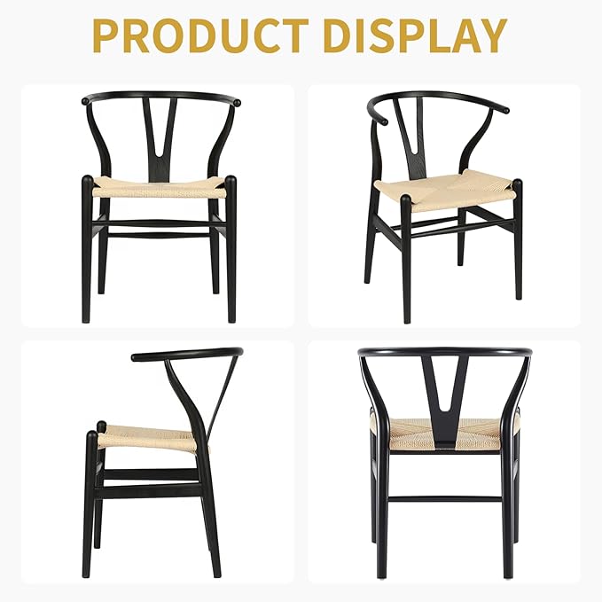 Wishbone Chair Natural Solid Wood Dining Chair/Hans Vegner Y Chair Rattan and Wood Accent Armrest Chairs Set of 2 (Ash Wood - Black + Natural Cord 2 Chairs)