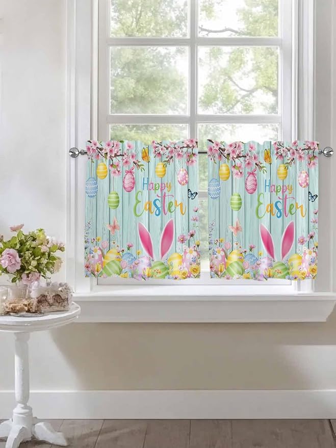 Happy Easter Half Window Curtain 36 Inches Long, Spring Bunny Eggs Flower Teal
