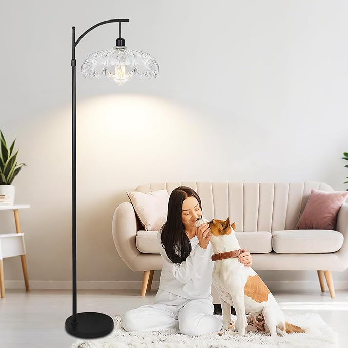 Black Floor Lamp for Living Room Bedroom with Remote,Unique Vintage Standing Tall Lamp,Mid Century Modern Floor Lamps with Dimmable Bulb,Arc Clear Glass Floor Lamps for Office Corner