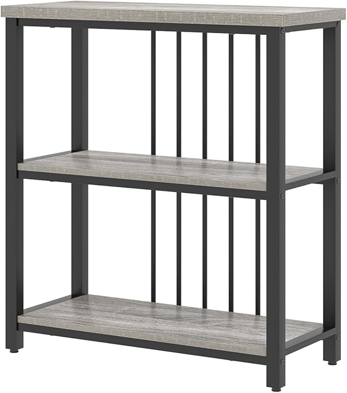 FOLUBAN 3 Tier Bookshelf, Short Bookcase for Small Space, Modern Wooden and Metal Book Shelf for Living Room Bedroom Office (Light Grey Oak)