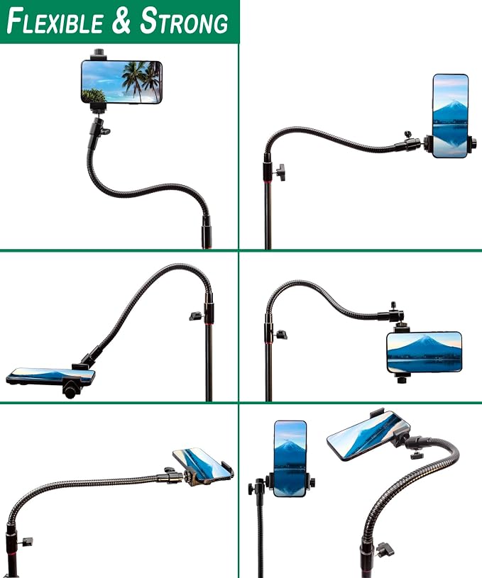 Tall Video Cell Phone Mount with Height Adjustable Stand Heavy Base 360 Head - Compatible with iPhone 16 16 Pro Max 16 Plus 15 14 13