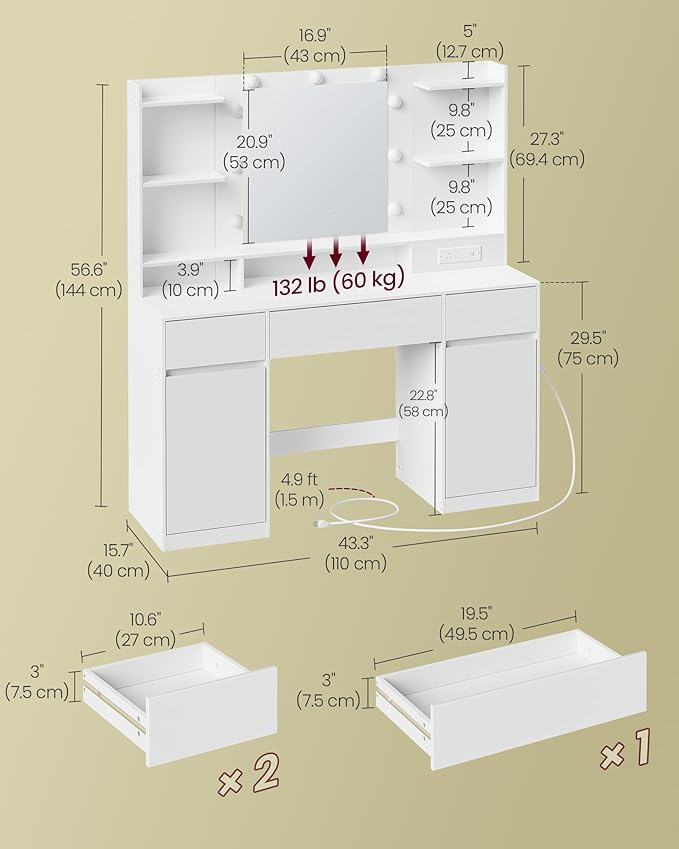 VASAGLE Kailyn Collection - Vanity Desk with Mirror and 9 LED Bulbs, Vanity Makeup Table with Power Outlets, Dressing Table with 2 Cabinets, for Bedroom, Cloud White URDT142WB01S