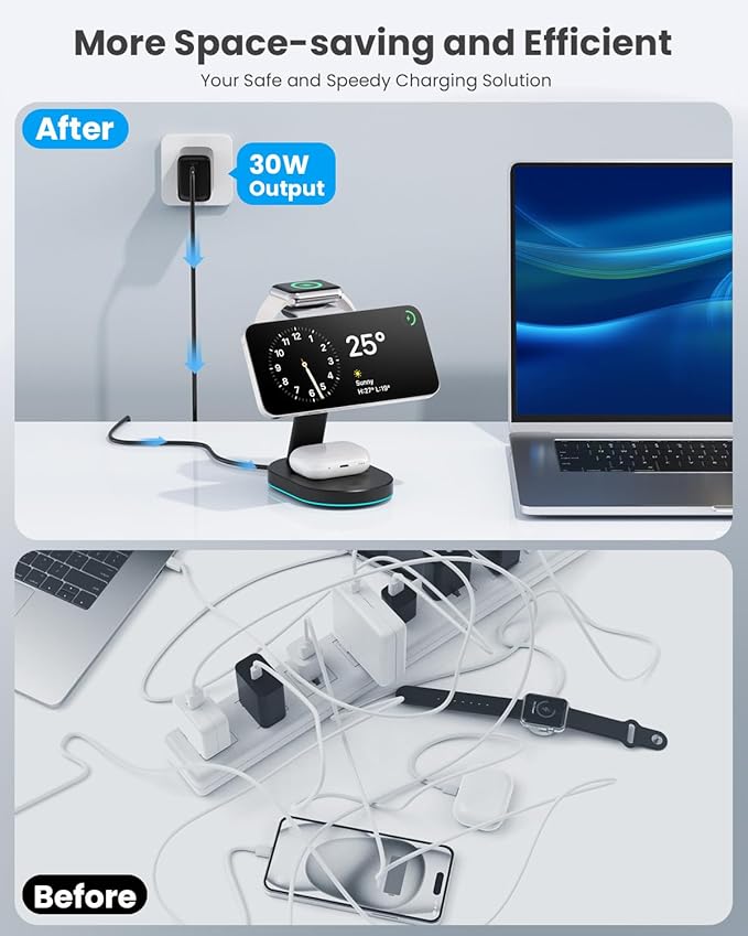 3 in 1 Wireless Charger Charging Station for iPhone,Qi2 Certified 15W Magnetic Charging Stand for Mag-Safe with 30W USB C Adapter&Friendly Night Light for iPhone 16/15/14/13/12,Apple Watch,AirPods