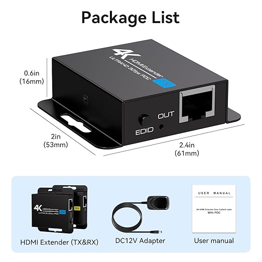 PVBCTCSID 4K HDMI Extender Over CAT6/7 4K30Hz Upto 131ft/40m 1080P Upto 196ft/60m HDMI Balun Over Single Ethernet Support EDID and POC (Power Only Supplied to The TX End)
