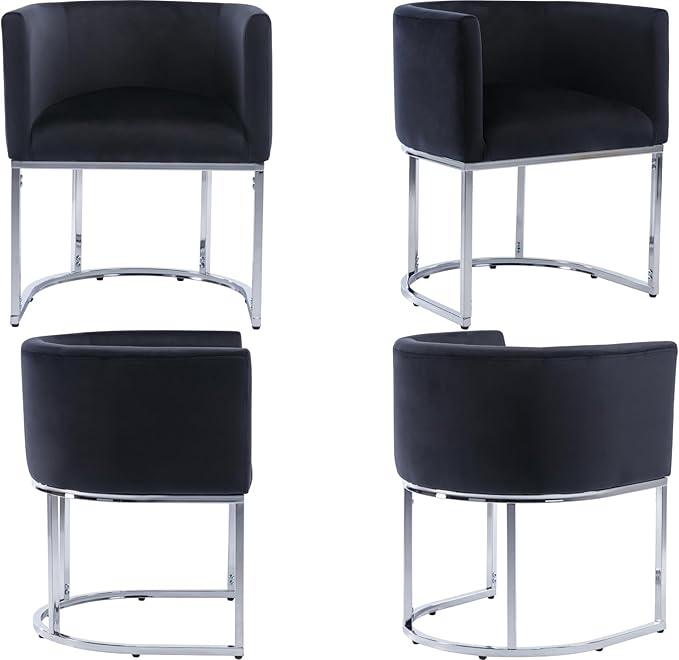 Velvet Dining Chairs Set of 2 Modern Barrel Arm Chairs with Chrome Metal Frame, Upholstered Kitchen Chairs 18.5" Wide Accent Chairs for Living Room Dining Room Restaurant, Black
