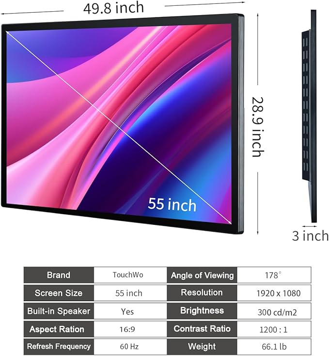 TouchWo 55" Interactive Touchscreen Monitor, Smart Board FHD 1080P Display with Wall Mount, Android 14 Smart Touch Screen Presentation Electronic Whiteboard for Office & Classroom, RAM 4G & ROM 32G