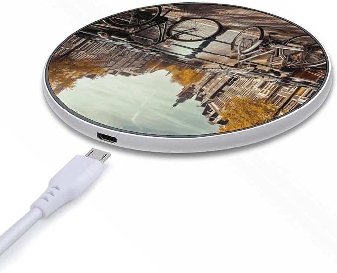 Bicycles in Amsterdam Wireless Charger Aluminum Alloy Frame 10W Fast Charging Pad with Indicator Light 6mm Thin & Portable Wireless Charging Pad for Travel Home Office Desk