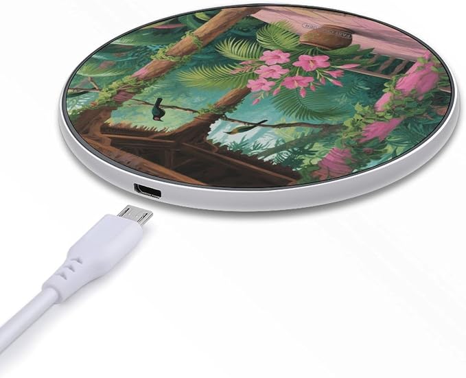 Tropical Flowers Palm Leaves Wireless Charger with USB CableAluminum Alloy Frame 10W Max Compatible Fast Wireless Charging Pad- 3.2ft Cable Included for Travel Home Office Desk