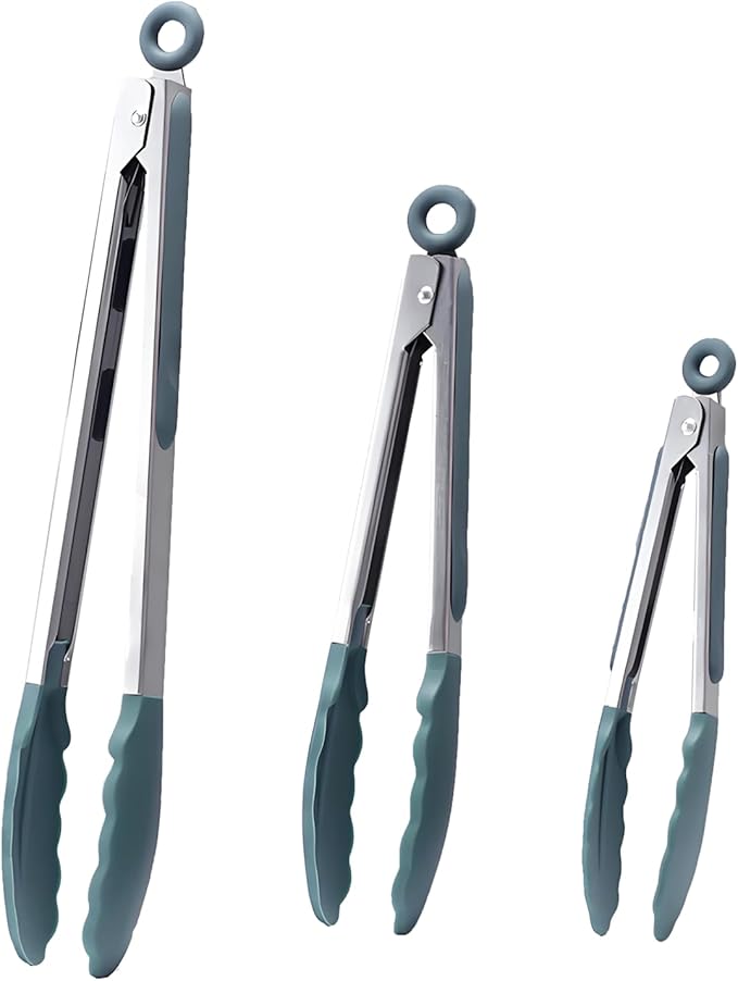 AMZDIAI Kitchen Tongs with Silicone Tips,Tongs for Cooking Heat Resistant 600 Degrees Stainless Steel Locking Tongs,Dark green Set of 3-7", 9" and 12"