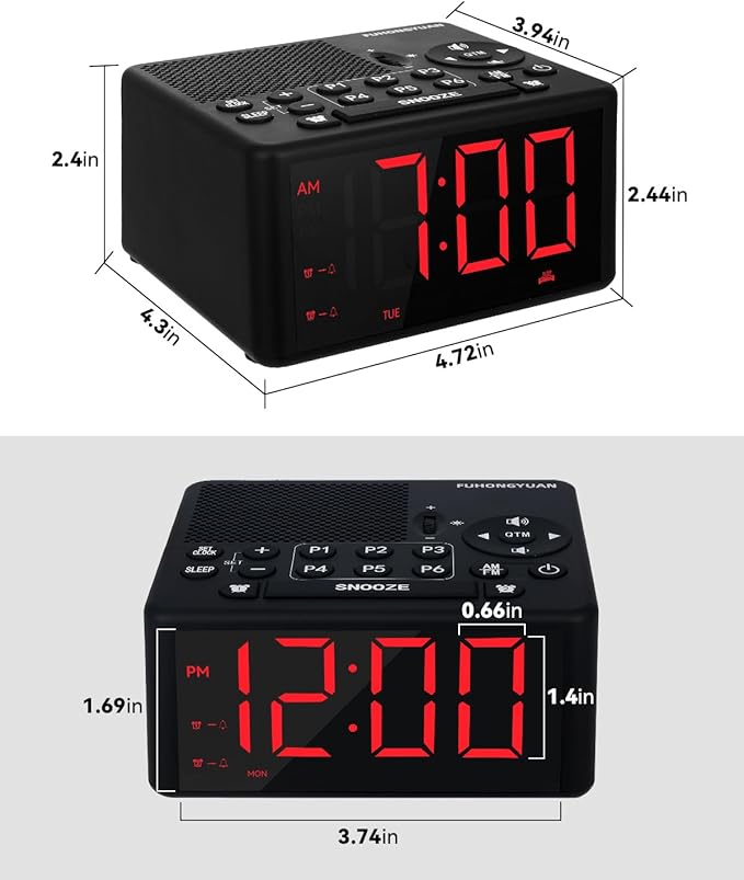Digital Alarm Clock Radio with AM/FM Radio, Presets, Dual Alarms, Weekday / Weekend Alarm, Snooze, Sleep Timer, Dimmable Red LED Screen for Bedrooms, living rooms, kitchens, offices, etc (Red)