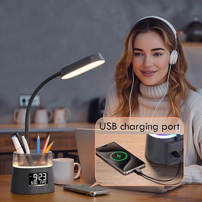 WILIT LED Desk Lamp for College Dorm Room Essentials, Students Study Lamp with Charging Station, Pen Holder, Clock & RGB Night Light, Office Desk Accessories, Table Lamp for Bedroom - Gray