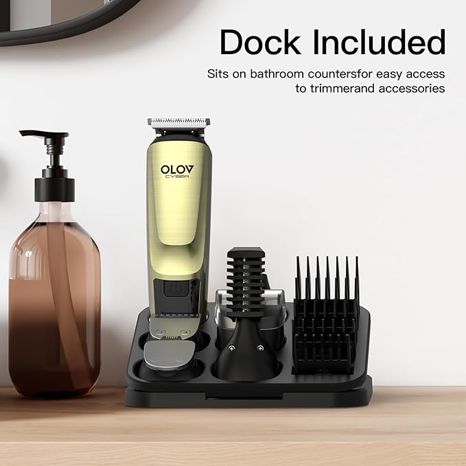 OLOV CYBER Beard Trimmer for Men, 17-in-1 Mens Grooming Kit with 6 Trimmer Heads, Cordless Hair Clippers Rechargeable with Charging Dock, IPX7 Waterproof Wet Dry Use for Body Face Nose & Mustache