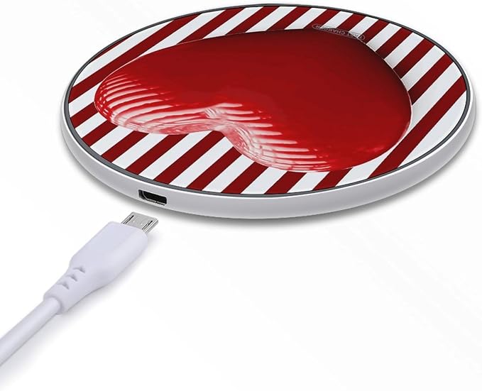 Red and White Striped Heart Wireless Charger Portable Fast Charging Pad Lightweight Wireless Charging Pad 10W Slim Charging Station for Phone Charger Mat for Travel Home Office Desk