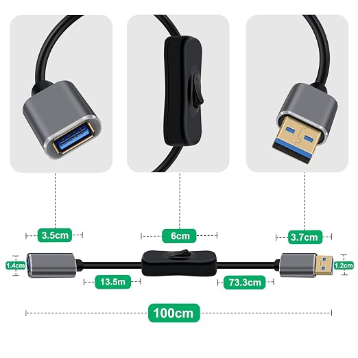 USB 3.0 Cable with Switch 5Gbps Data Transmit USB 3.0 Extension Cable Gold Plated Connectors Type A Male to Female Extension Cable for Laptops PC TV (Black 1.5 m)