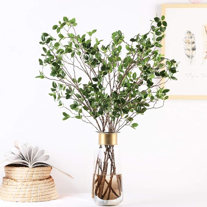 Ollain 43" Artificial Greenery Stems Plants Faux Leaf Green Eucalytus Branches Ficus Twig Fern Fake Green Bushes Shrubs for Home Party Wedding Decoration (2 Pack)