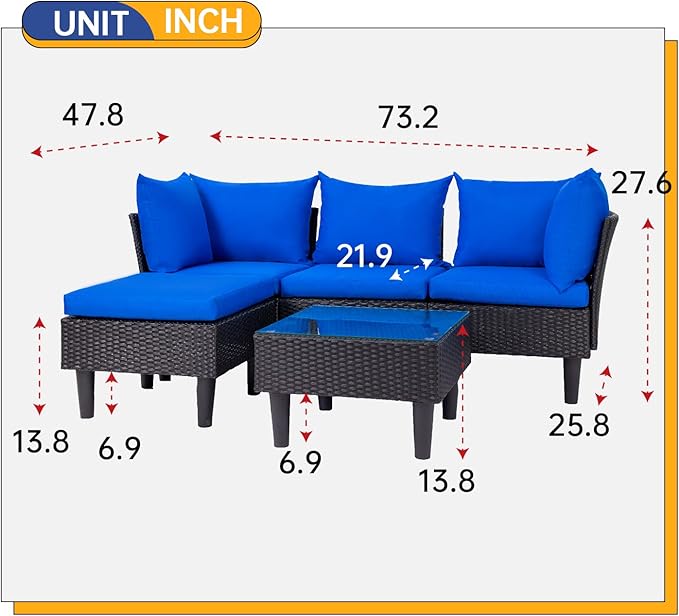 FDW 5 Pieces Patio Furniture Sets Outdoor Sectional Sofa Wicker Chair Rattan Conversation Set for Outdoor Backyard Porch Poolside Balcony Garden Furniture with Coffee Table,Blue Cushion