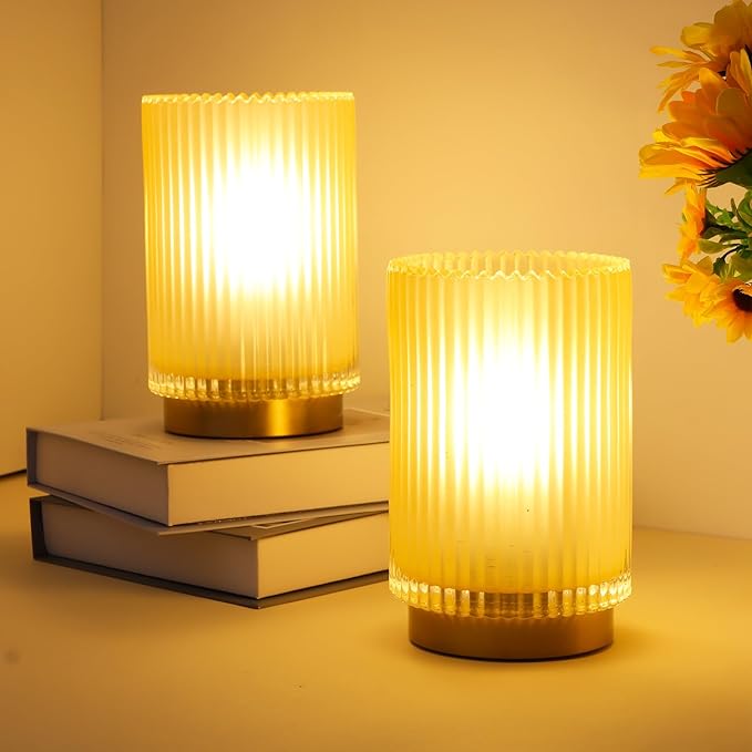 Battery Operated Lamp, Cordless Table Lamp with Timer, Desk Bedside Lamps with LED Warm Light, Glass Small Table Lamp for Bedroom, Bathroom, Living Room, Home Decor - Matte Amber