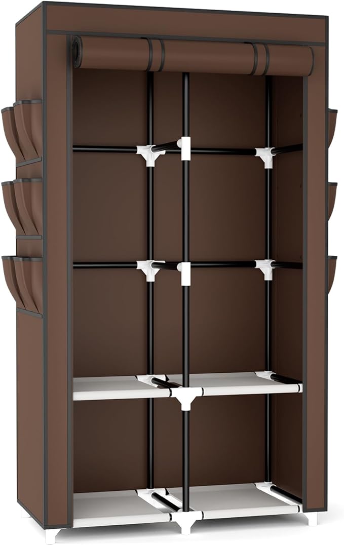 VTRIN Portable Closet Wardrobe for Hanging Clothes with 4 Storage Shelves, 2 Hanging Rods and 6 Pockets, Stable and Easy Assembly Clothes Rack with Cover Free Standing Closet, Brown