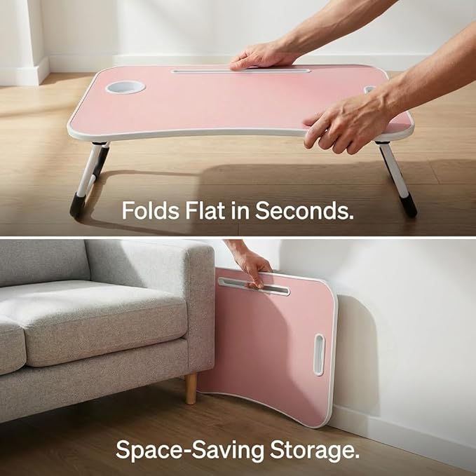 BUYIFY Folding Lap Desk, 23 Inch Portable Wood Blue Laptop Bed Desk Lap Desk with Cup Holder, for Working Reading Writing, Eating, Watching Movies for Bed Sofa Couch Floor -new008 Pink