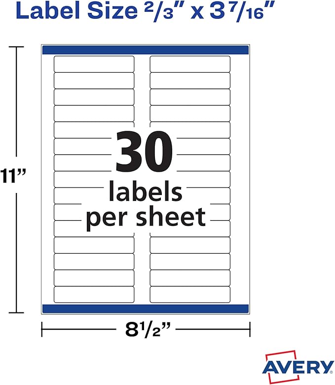 Avery File Folder Labels with TrueBlock Technology, Permanent Adhesive, 2/3" x 3-7/16", Laser/Inkjet, 2-Pack, 1,500 Labels Total (38366)