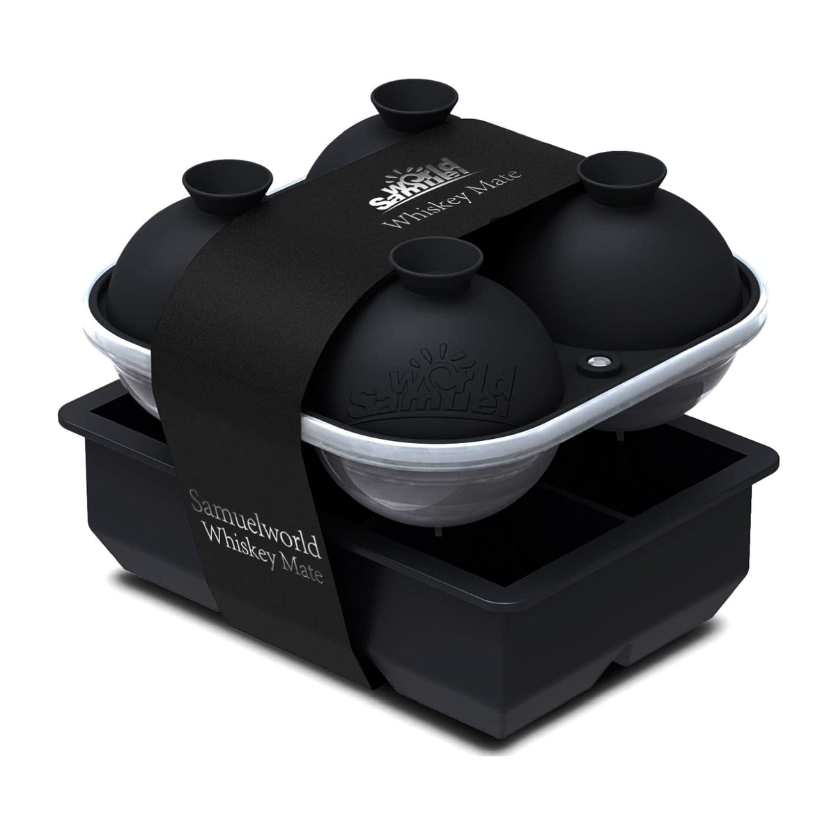 Samuelworld Premium Ice Tray Combo, Large Ice Sphere Maker & Giant Ice Cube Trays, 2 Packs, Food Grade, Easy To Use, Spill-Free Integrated Funnels, Whiskey Bourbon Cocktails (Black)