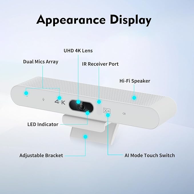 TOALLIN 4K Conference Room Webcam with Mic and Speaker, Ai Auto-Framing & Voice-Tracking, USB Video Bar, All-in-One Video Conference Camera for Online Meetings, Video Calls