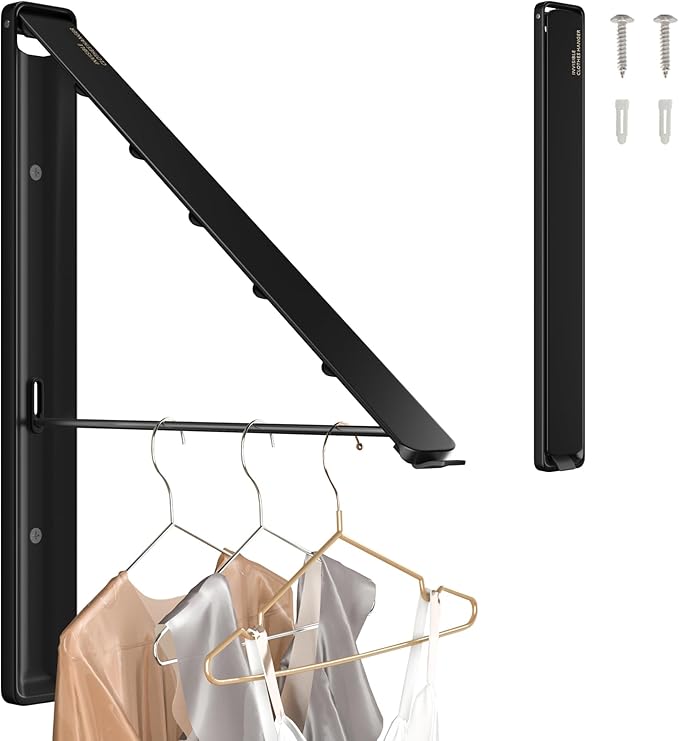 Dr.DJ Clothes Drying Rack Wall Mounted, Retractable & Foldable Clothes Hanger for Laundry Room Organization and Storage, Clothes Hanger Rack for Dorm, Closet, Balcony, Laundry Room(1P, Metal, Black)