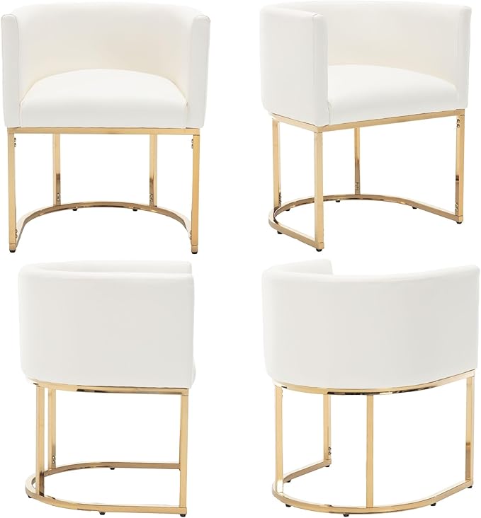 Faux Leather Dining Chairs Set of 4 Modern Barrel Arm Chairs with Golden Metal Frame, Upholstered 18.5" Wide Accent Chairs for Living Room, Dining Room, Restaurant, White