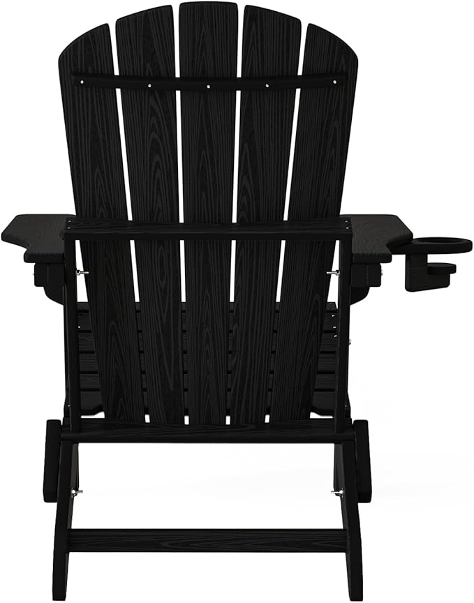 Plawdlik Folding Adirondack Chair, Cup Holder, SGS Tested, Wooden Textured,Heavy All-Weather HDPE Comfortable Set Poolside Backyard Lawn Black Set 2