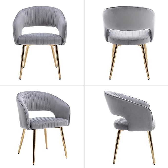 Modern Velvet Dining Chairs Set of 6, Upholstered Gold Dining Room Chairs with Hollow Back and Gold Legs, Accent Armrest Kitchen Chairs for Living Room Reception Grey