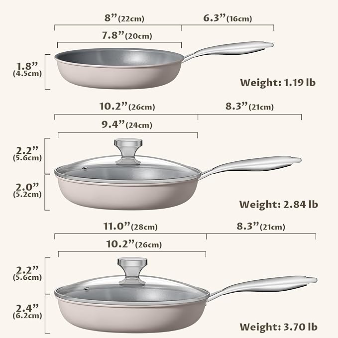 Ceramic Nonstick Frying Pan Set with Lids, Non Stick Skillets (8" 10" 11")
