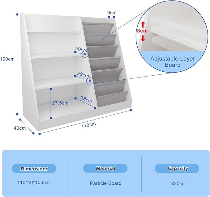White Kids Bookshelf Wood Toy Storage Organizer Cabinet Children Bookcase Toddler Baby Sling Book Rack Adjustable Shelf for Playroom Bedroom Nursery Hallway School Kindergarten
