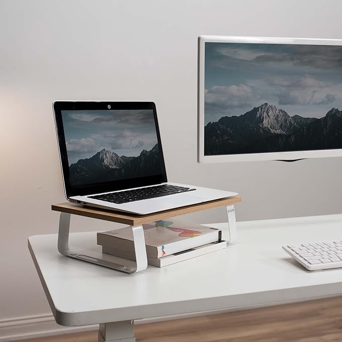 VIVO 15 inch Monitor Stand, Wood and Steel Desktop Riser, Screen, Keyboard, Laptop, Small TV Ergonomic Desk and Tabletop Organizer, Light Wood, STAND-V000WS