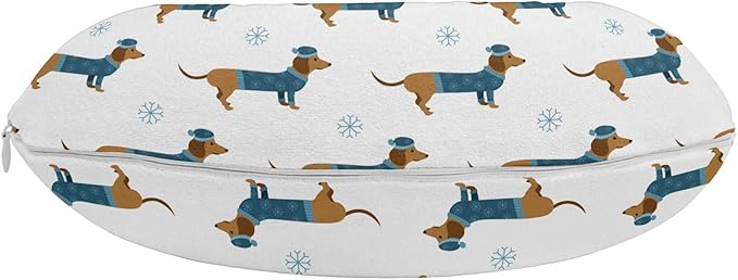 Ambesonne Dachshund Travel Pillow Neck Rest, Winter Cartoon Sausage Dog in Pullover and Snowflakes, Memory Foam Traveling Accessory for Airplane and Car, 12", Ginger Dark Turquoise