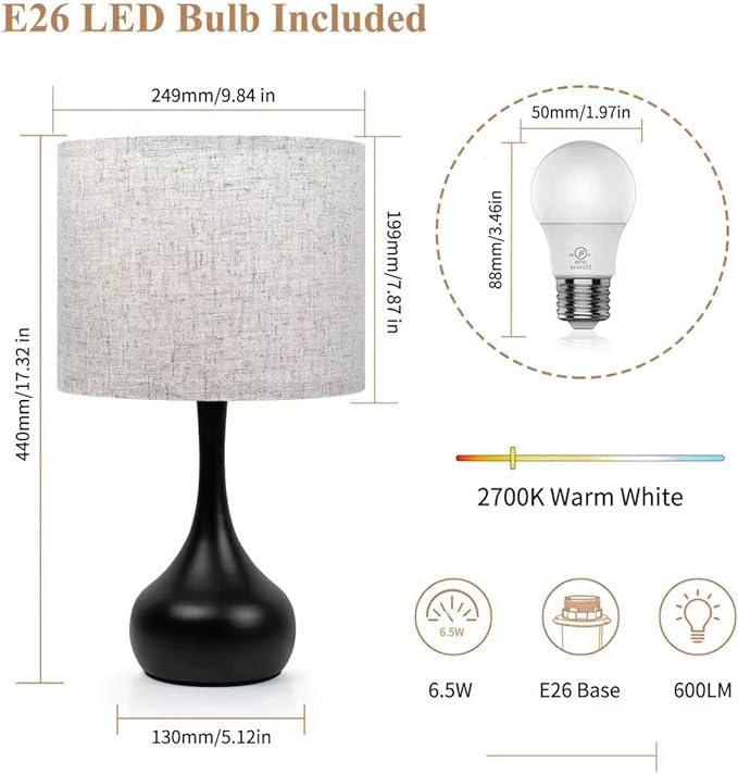 ONEWISH Touch Bedside Lamp for Bedroom, 3-Way Dimmable Table Lamps for Nightstand with Cylindrical Fabric Shade, Desk Lamp for Living Room, End Tables, Home Office
