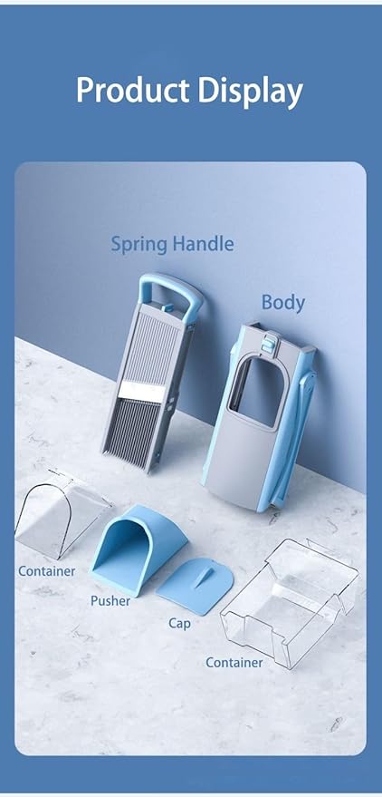 SPICE OUTLET New Upgrade Safe Mandoline Slicer Plus, Biger Size, Adjustable Vegetable Food Chopper Potato Fries Cutter, Detachable Blade, Kitchen Chopping Artifact with Container. Blue