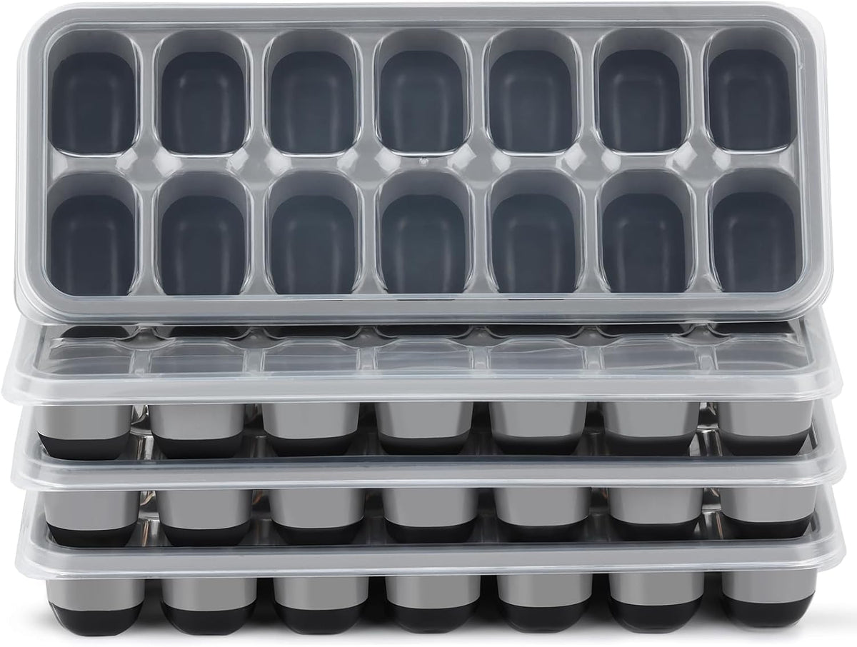 Silicone Ice Cube Tray, 4 Pack Easy-Release & Flexible 14-Ice Cube Trays with Spill-Resistant Removable Lid, Stackable Ice Trays with Covers for Freezer, Cocktail (Pink)