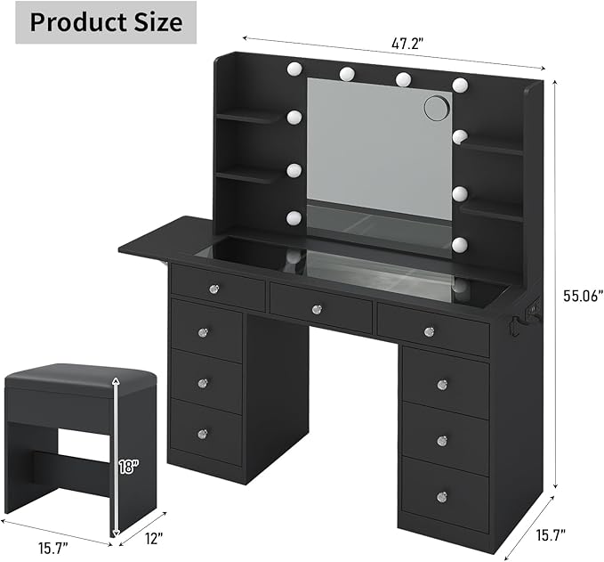 9 Drawers Vanity Desk & Power Outlet, Makeup Vanity with Mirror and 10 LED Lights, 3 Lighting Modes Brightness Adjustable, Makeup Table with 4 Shelves and Fold-up Panel, Vanity Set for Bedroom, Black