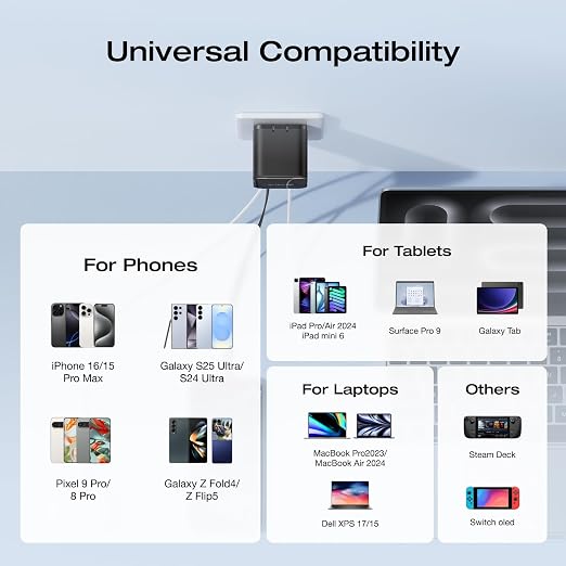 EF ECOFLOW 65W USB C Charger with Retractable Cable 3-in-1 Phone Charger with Type C Cable 2-Port Fast Charger Compatible with iPhone 17 16 Pro Max iPad Galaxy S25 Steam Deck (Black)