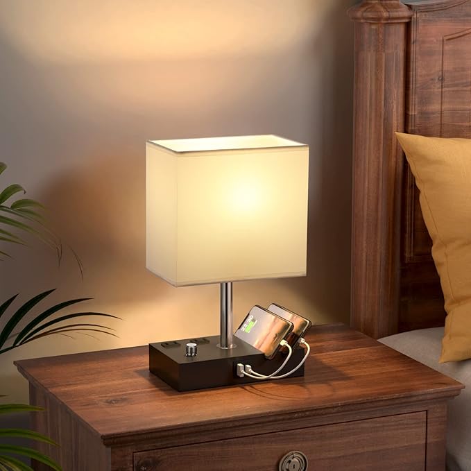 Fully Dimmable Bedside Lamps for Bedroom with USB C Ports, Kakanuo White USB Table Lamp Set of 2, Wooden Desk Lamp with 2 Charging Outlets and Phone Stand for Nightstand and Living Room, Bulb Included