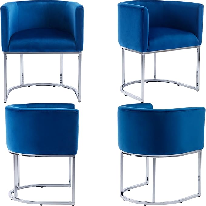 Velvet Dining Chairs Set of 3 Modern Barrel Arm Chairs with Chrome Metal Frame, Upholstered Kitchen Chairs 18.5" Wide Accent Chairs for Living Room Dining Room Restaurant, Blue
